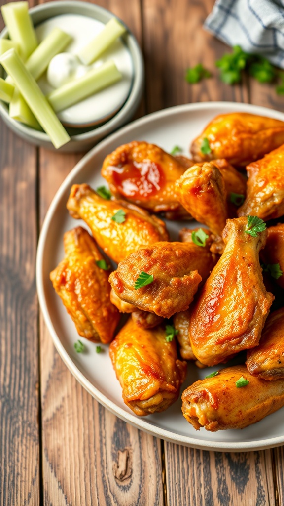 Crispy air fryer chicken wings served with celery and ranch dressing on a wooden table.